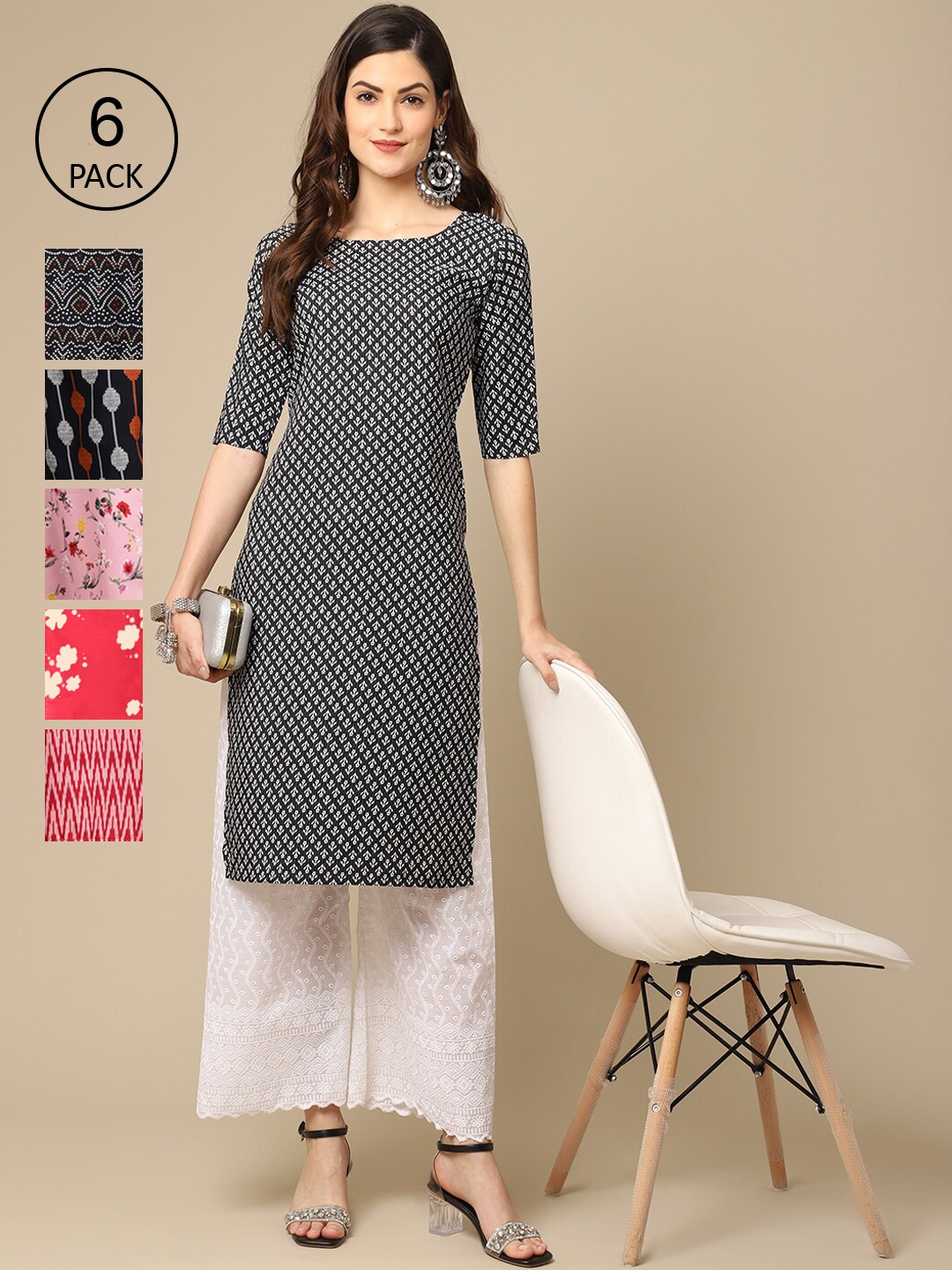 

7Threads Women Black And Red Printed Summer Sheers Crepe Kurta [PACK OF 6]