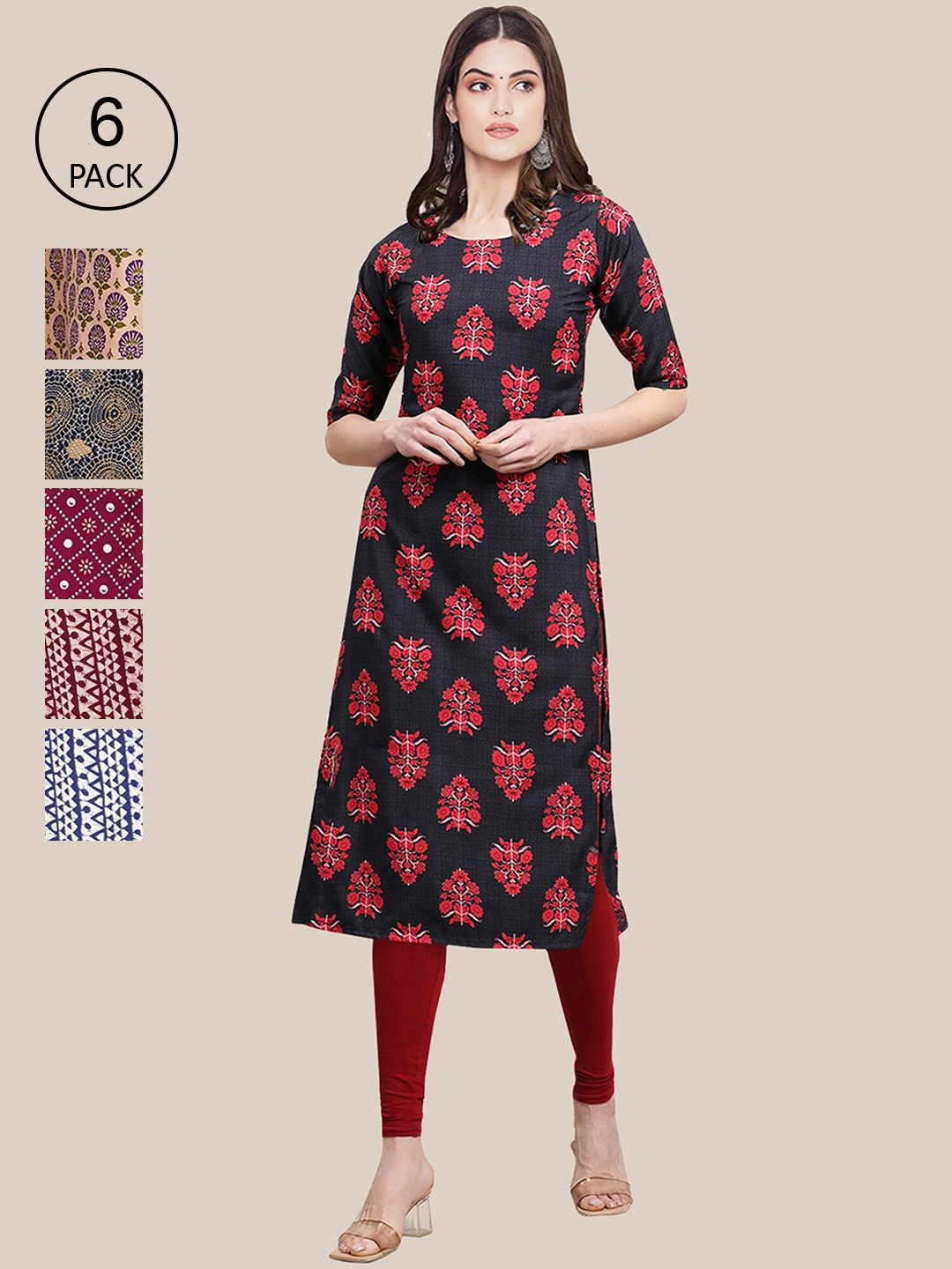 

7Threads Women Pack Of 6 Printed Crepe Kurta, Multi