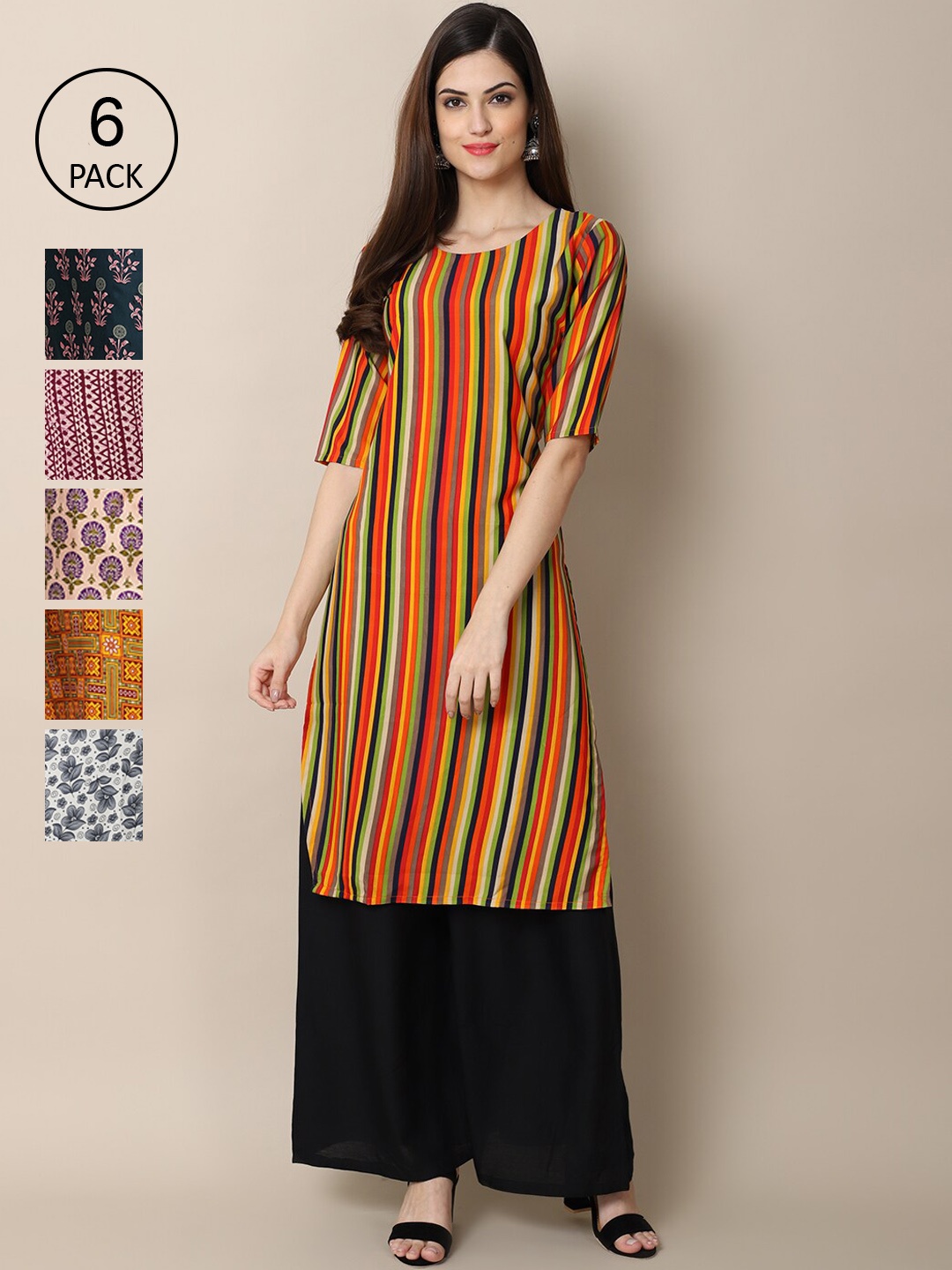 

7Threads Women Pack Of 6 Multicoloured Ethnic Motifs Printed Crepe Kurta, Multi