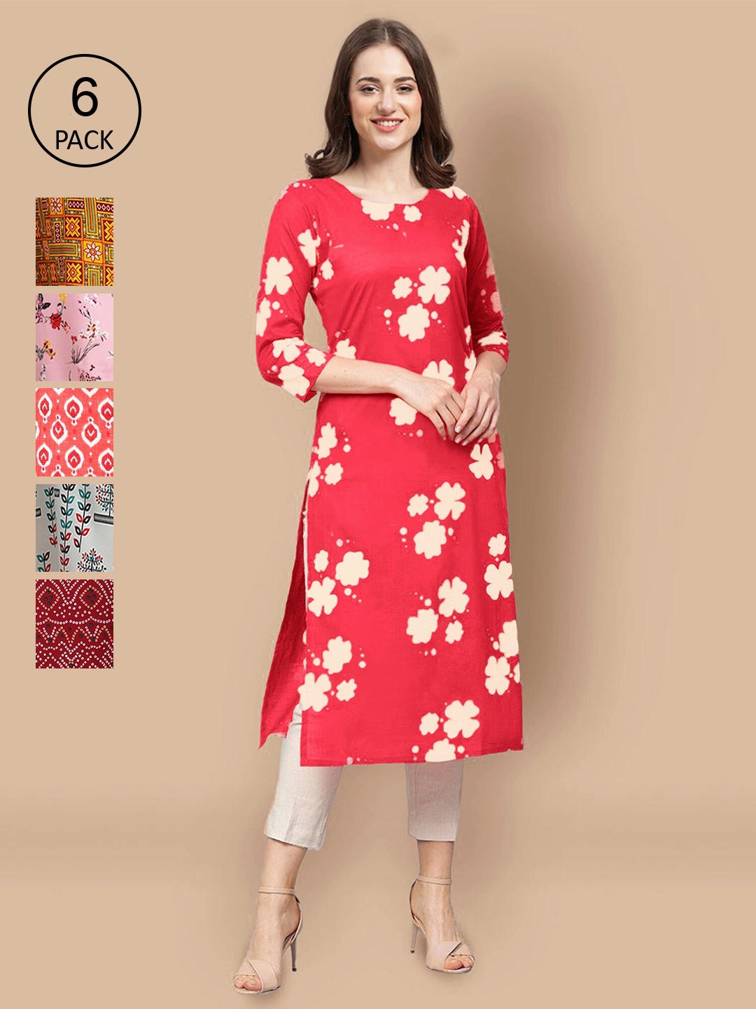 7Threads Women Pack Of 6 Ethnic Motifs Printed Crepe Kurta, Multi