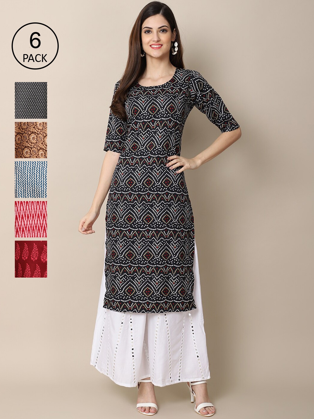

7Threads Women Pack of 6 Black & White Crepe Kurta