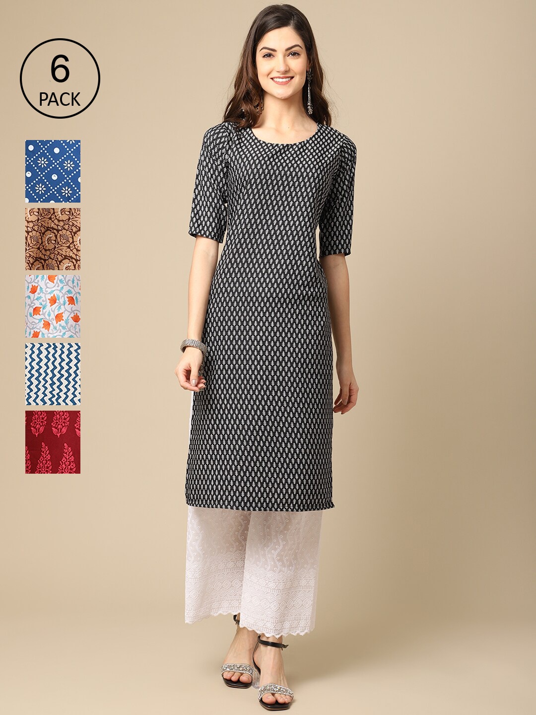 7Threads Women Black & Blue Pack of 6 Geometric Printed Crepe Kurtas
