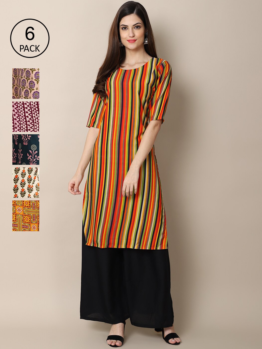 7Threads Women Geometric Summer Sheers Crepe Kurta [PACK OF 6], Yellow