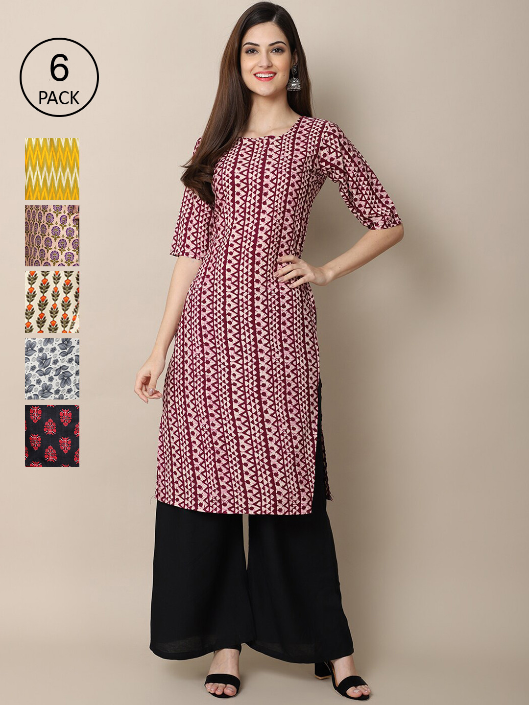 

7Threads Women Pack Of 6 Printed Crepe Kurta, Multi