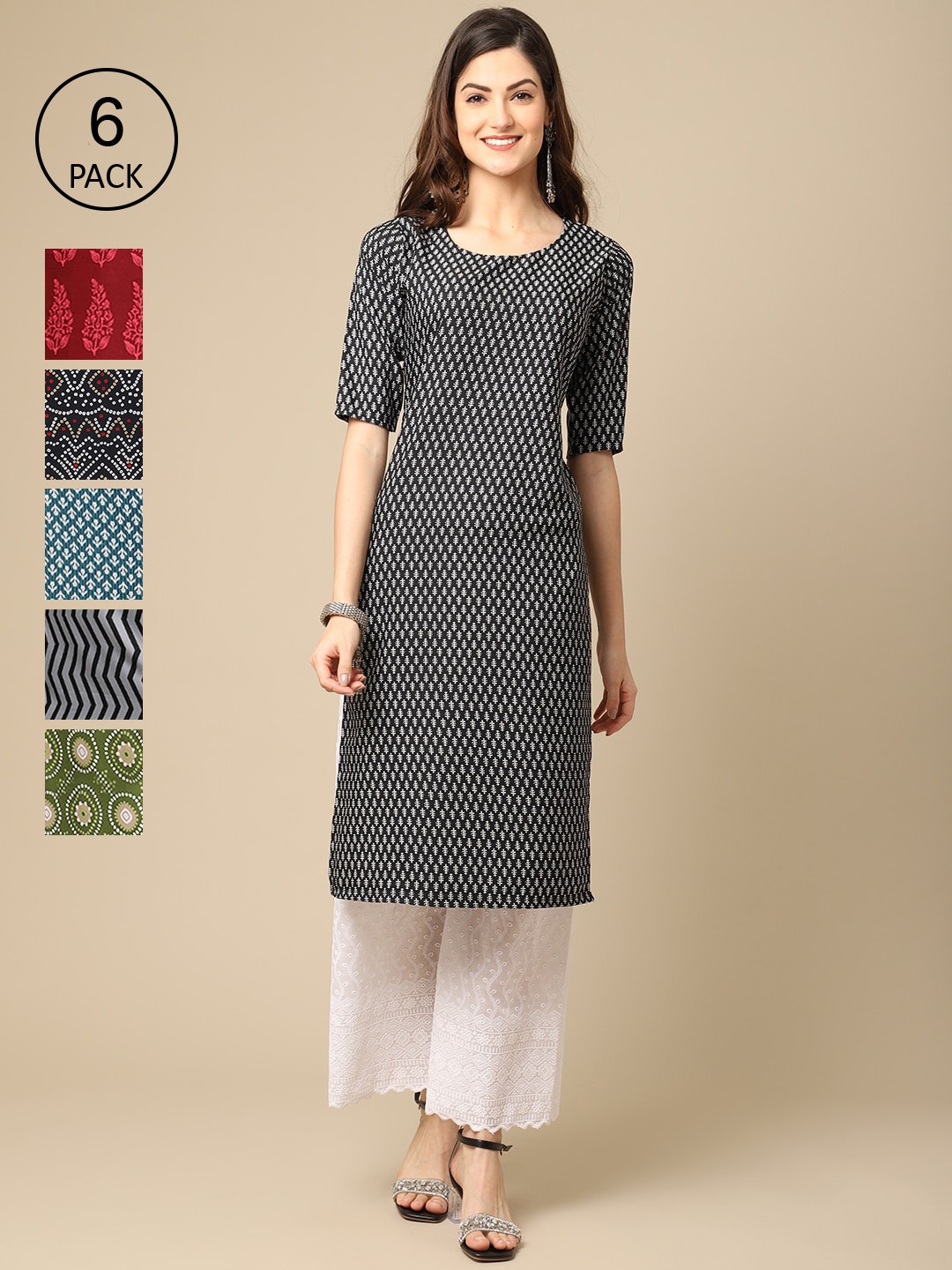 

7Threads Women Pack Of 6 Multicoloured Ethnic Motifs Printed Crepe Kurta, Multi