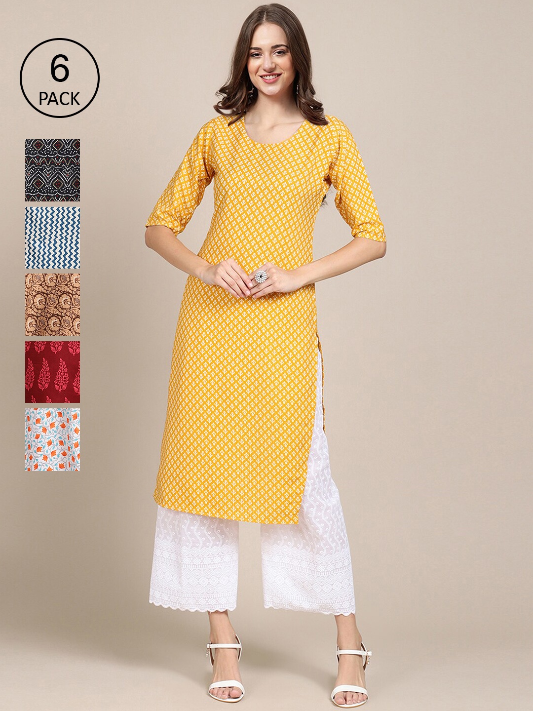 7Threads Women Pack Of 6 Ethnic Motifs Printed Crepe Kurta, Multi