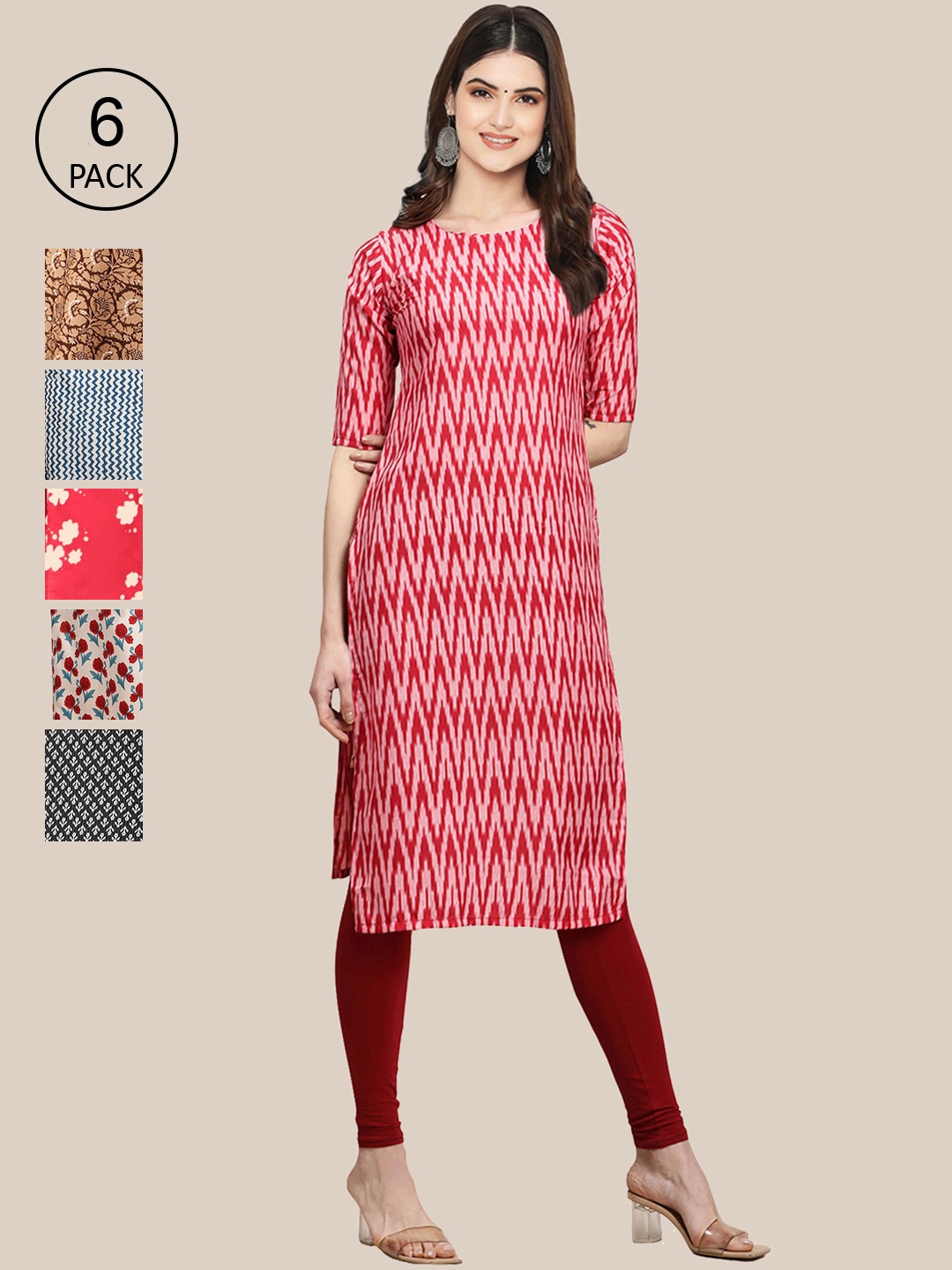 

7Threads Women Pack of 6 Floral Printed Summer Sheers Crepe Kurta, Red