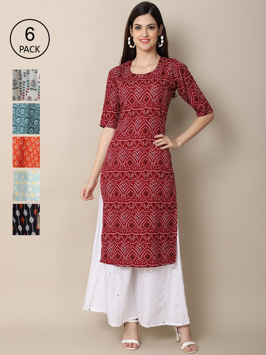 7Threads Women Pack of 6 Maroon & White Printed Crepe Kurta
