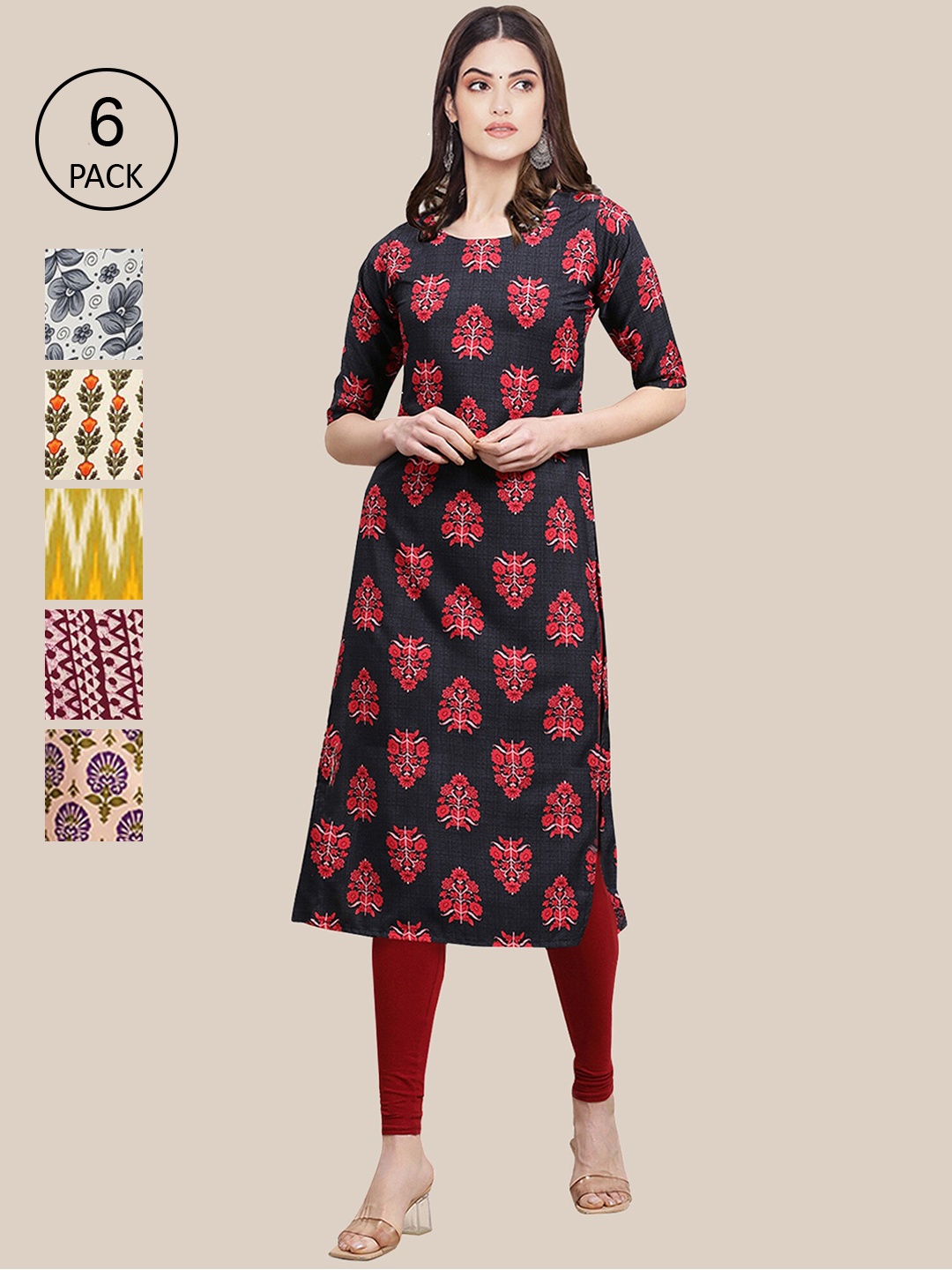 

7Threads Women Set Of 6 Navy Blue & White Floral Printed Crepe Kurta