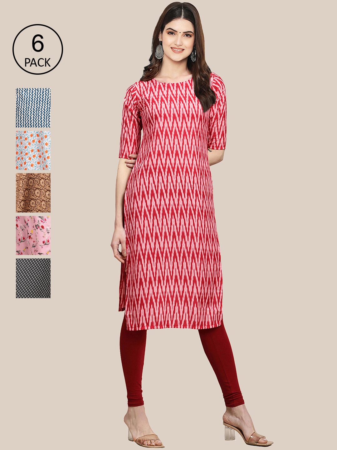 

7Threads Women Pack of 6 Printed Summer Sheers Crepe Kurta, Red