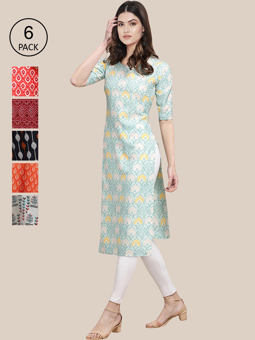 

7Threads Women Pack of 6 Ethnic Motifs Printed Crepe Kurta, Red