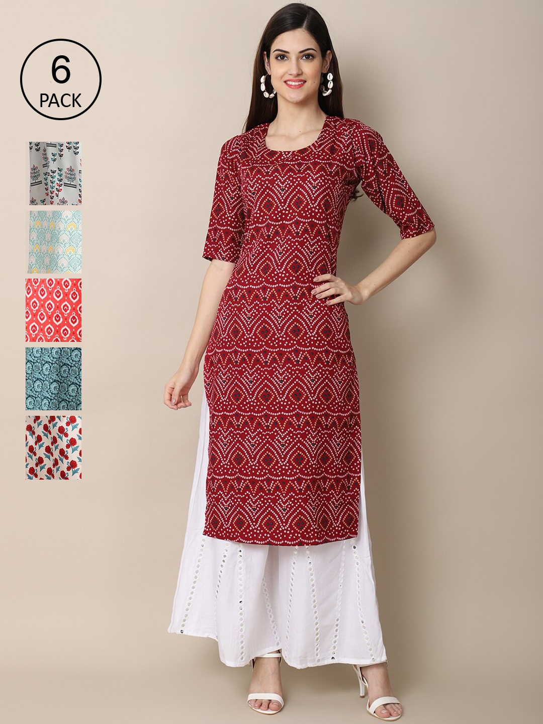 

7Threads Women Pack Of 6 Printed Summer Sheers Crepe Kurta, Maroon