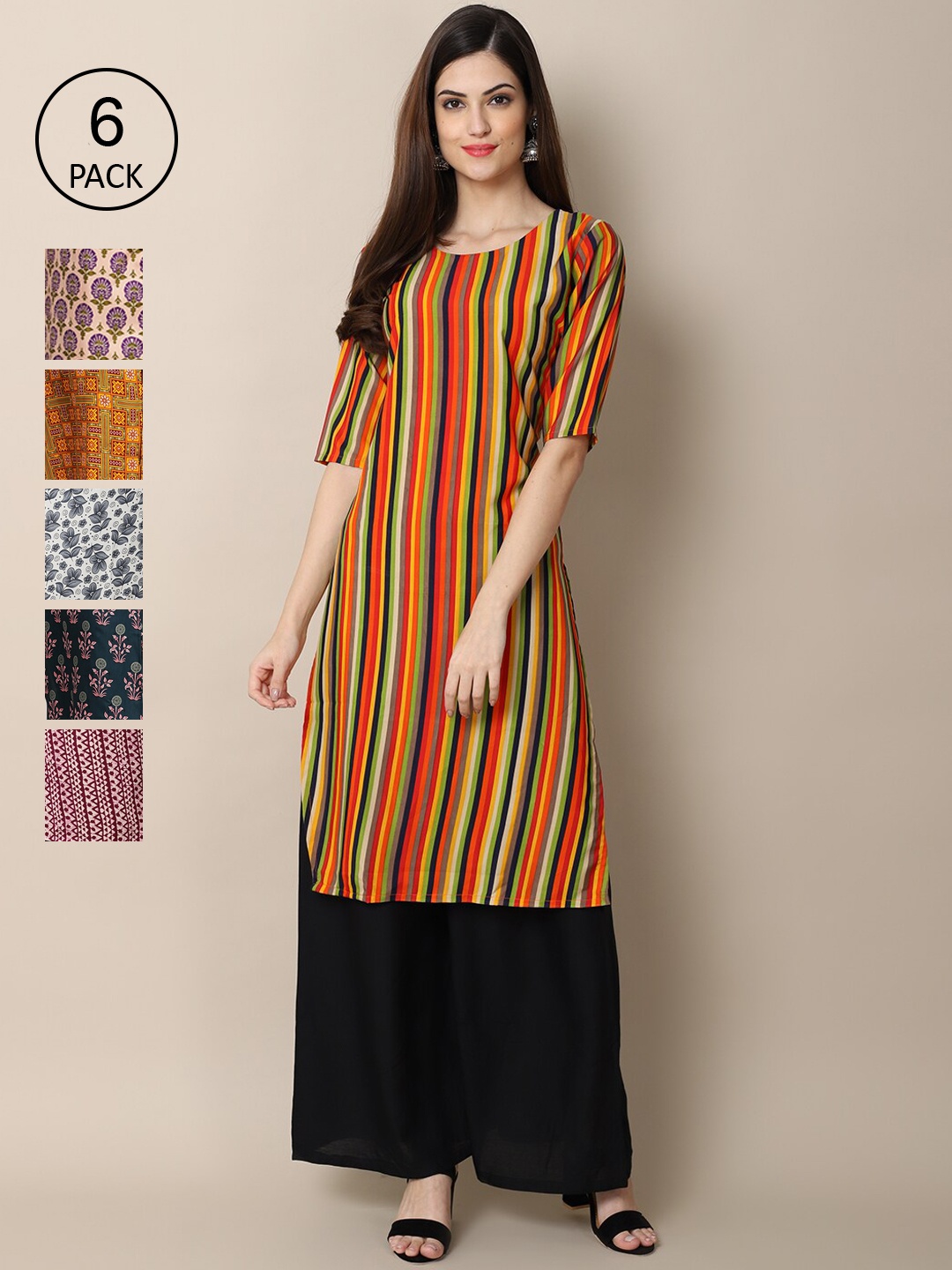 

7Threads Women Orange & Blue Pack Of 6 Printed Summer Sheers Crepe Kurta