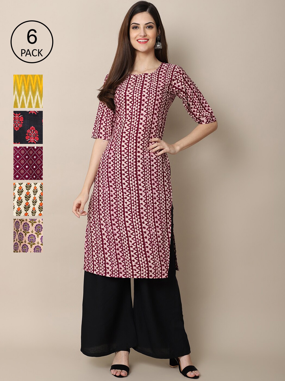 7Threads Women Maroon & Yellow Pack of 6 Ethnic Motifs Printed Crepe Kurtas
