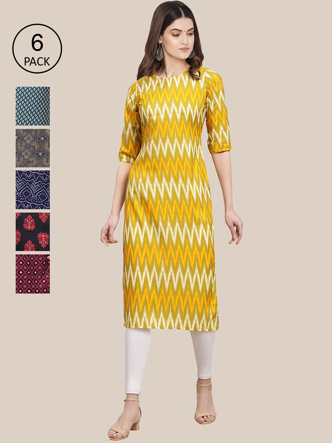 

7Threads Women Pack Of 6 Summer Sheers Crepe Kurta, Yellow