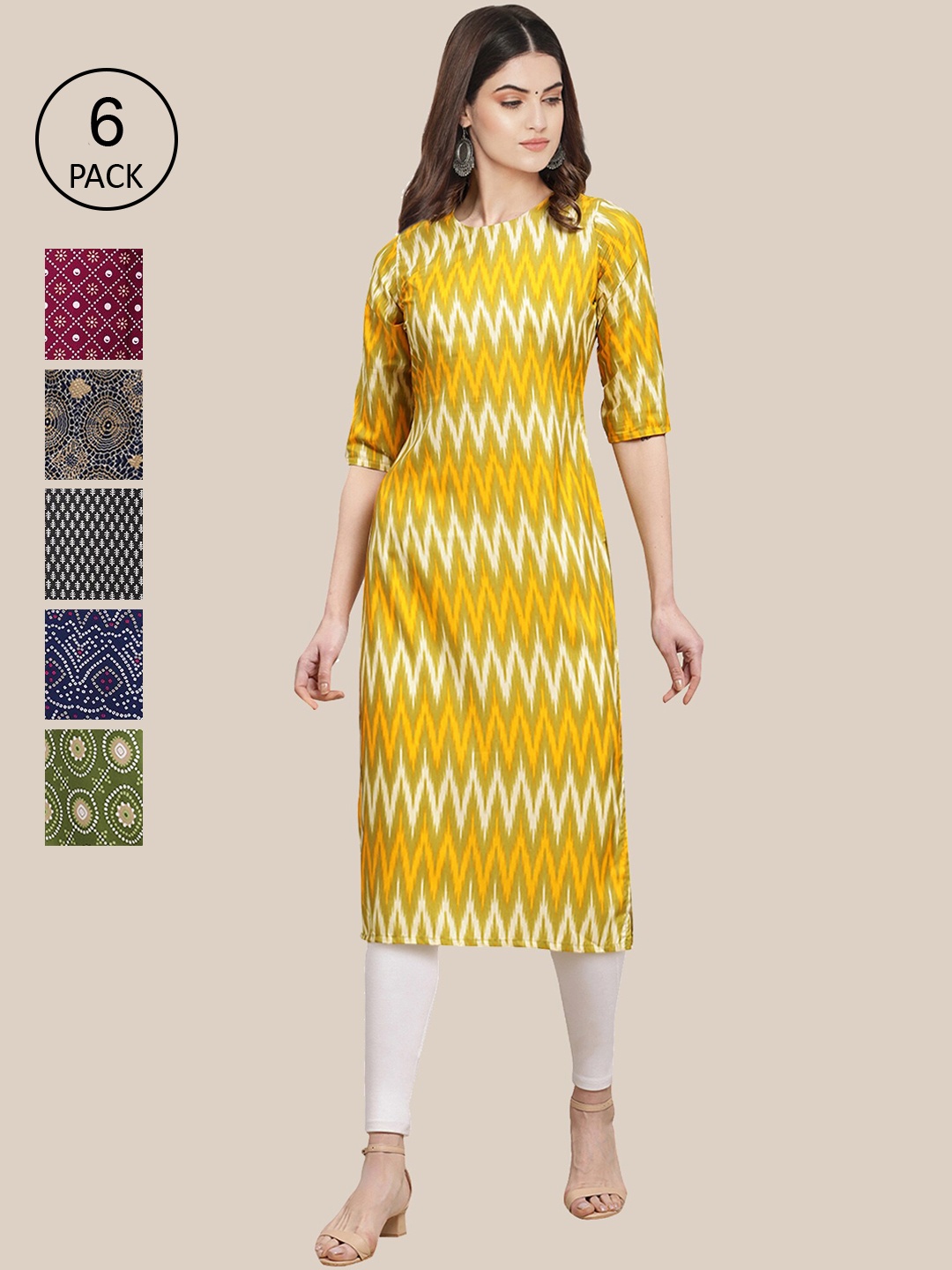 

7Threads Women Pack of 6 Ethnic Motifs Printed Crepe Kurta, Yellow
