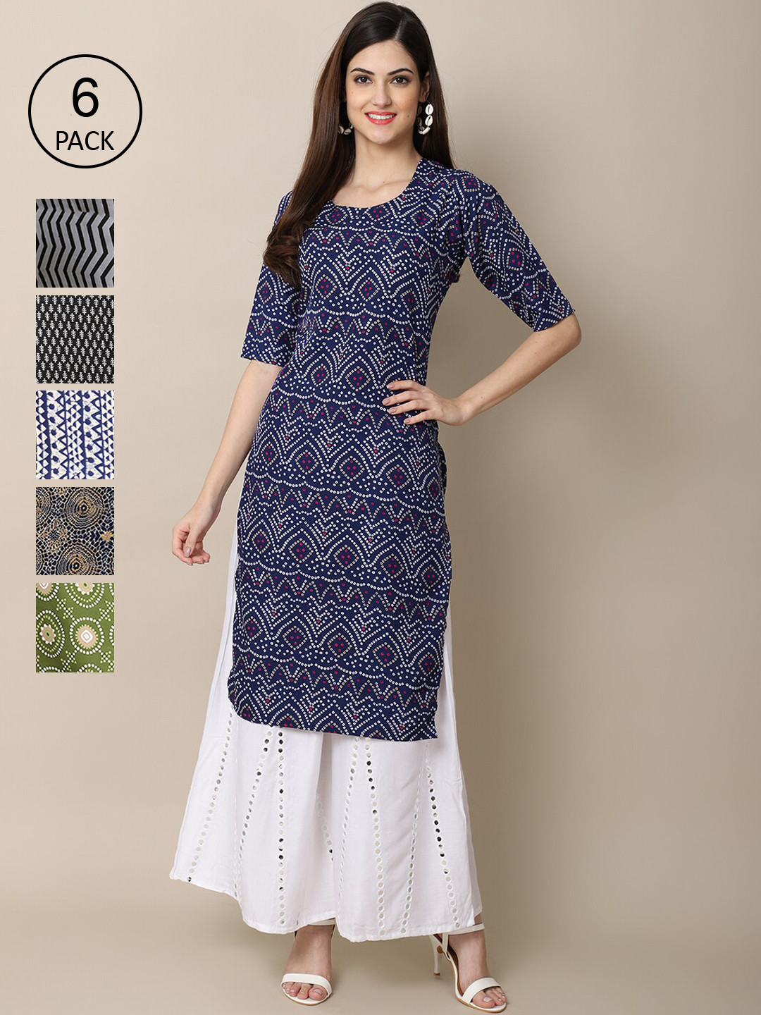 

7Threads Women Pack of 6 Ethnic Motifs Printed Crepe Kurta, Blue