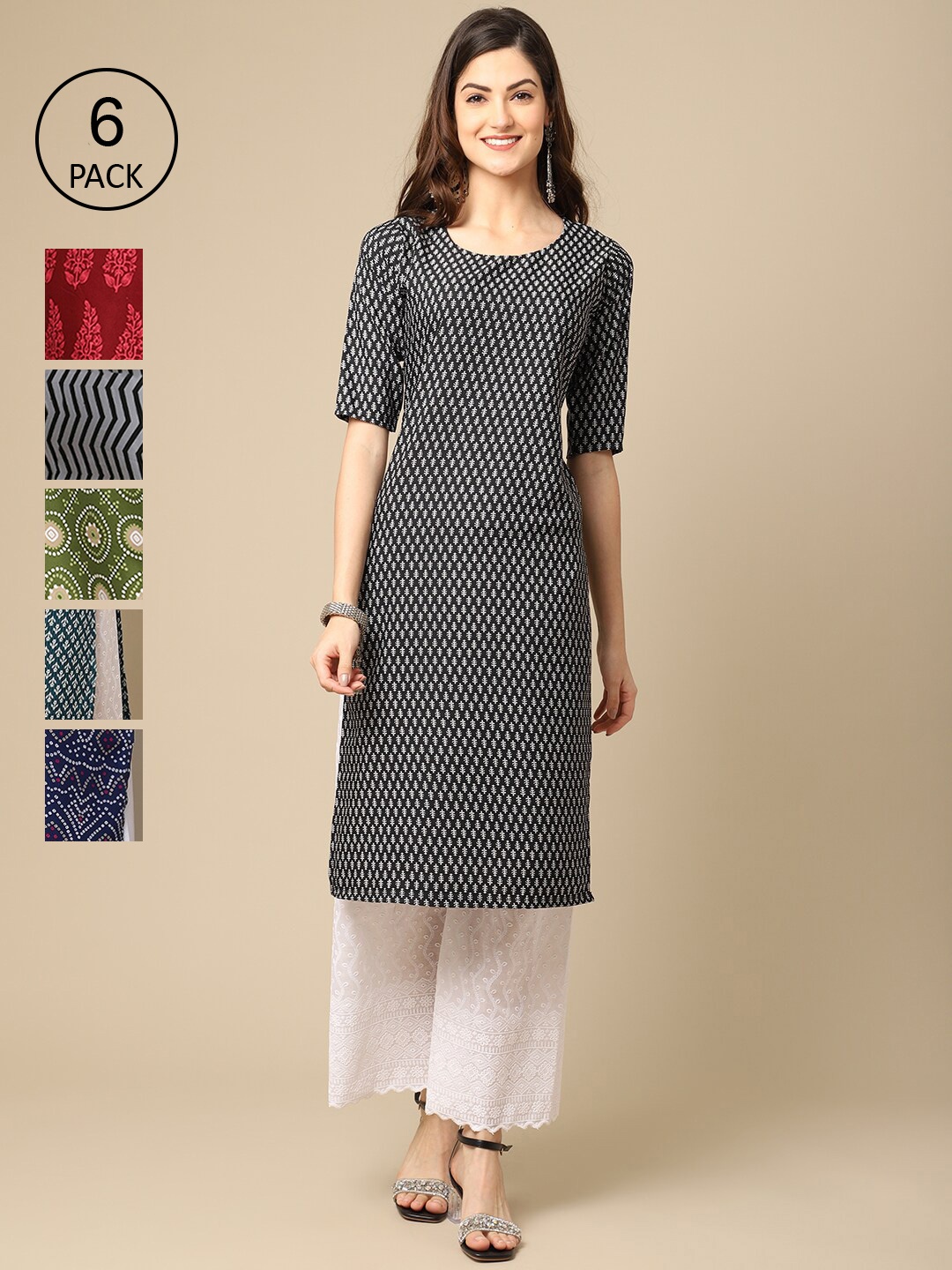 

7Threads Women Pack Of 6 Printed Crepe Kurta, Multi