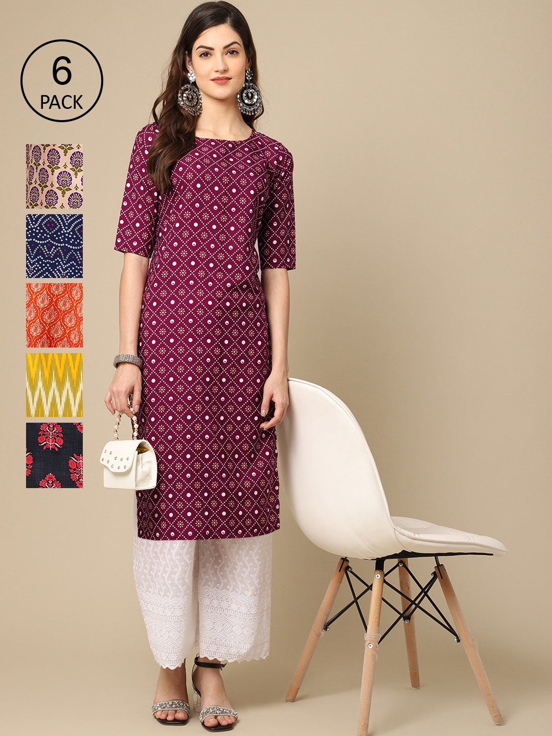 

7Threads Women Purple & Navy Blue Pack of 6 Geometric Printed Crepe Kurtas