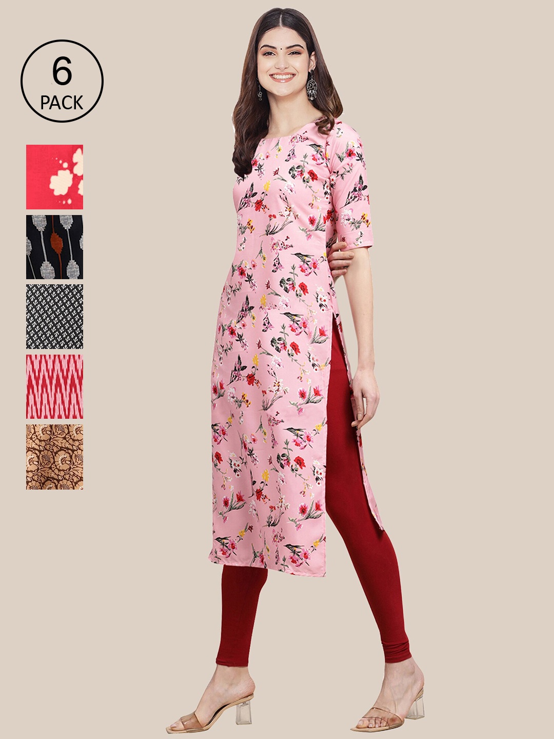 

7Threads Women Pack of 6 Floral Printed Summer Sheers Crepe Kurta, Pink