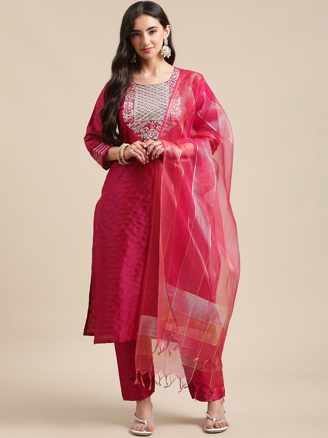 

KSUT Women Magenta Yoke Design Kurta with Trousers & With Dupatta