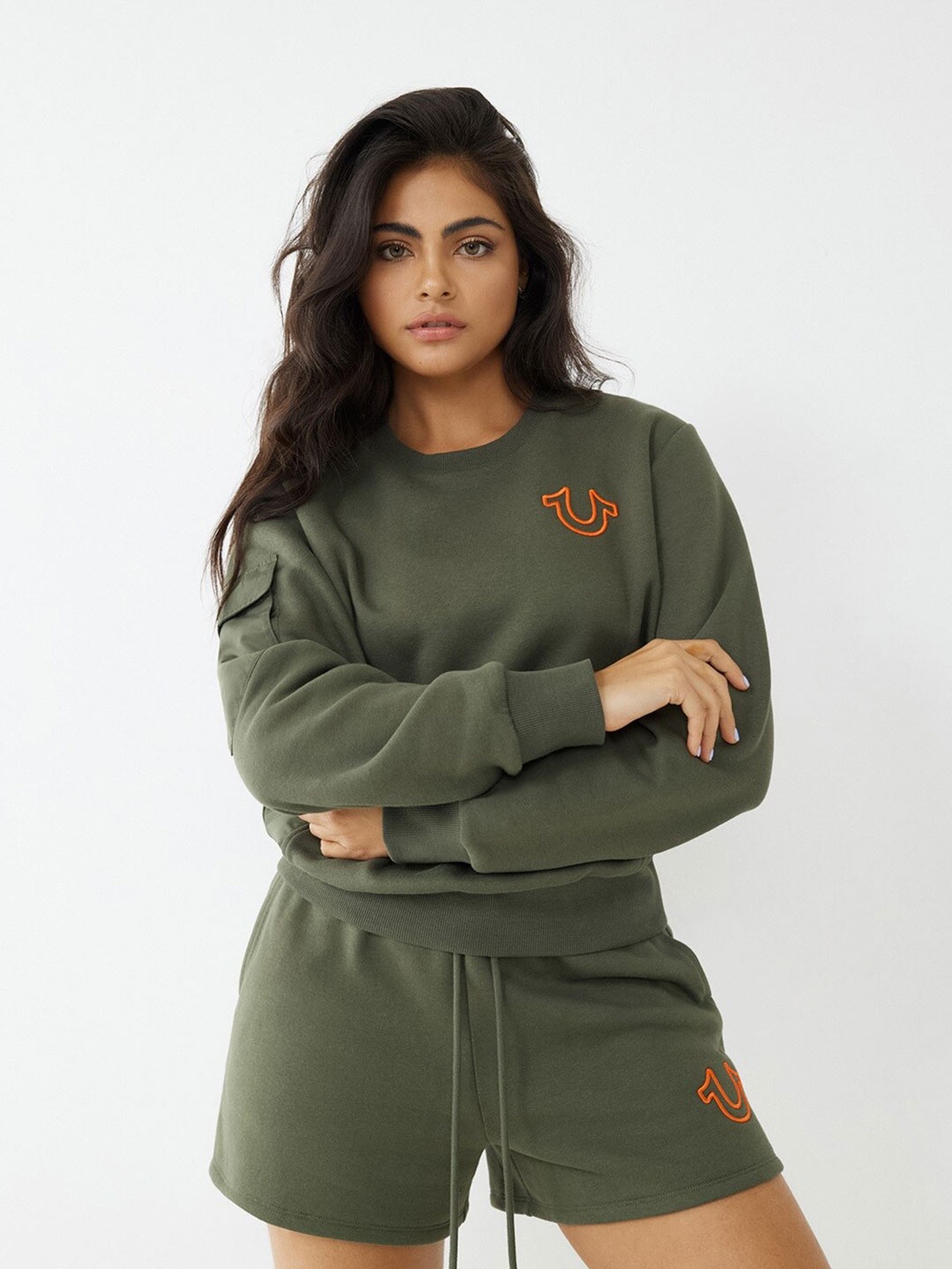 

True Religion Women Olive Green Cotton Sweatshirt