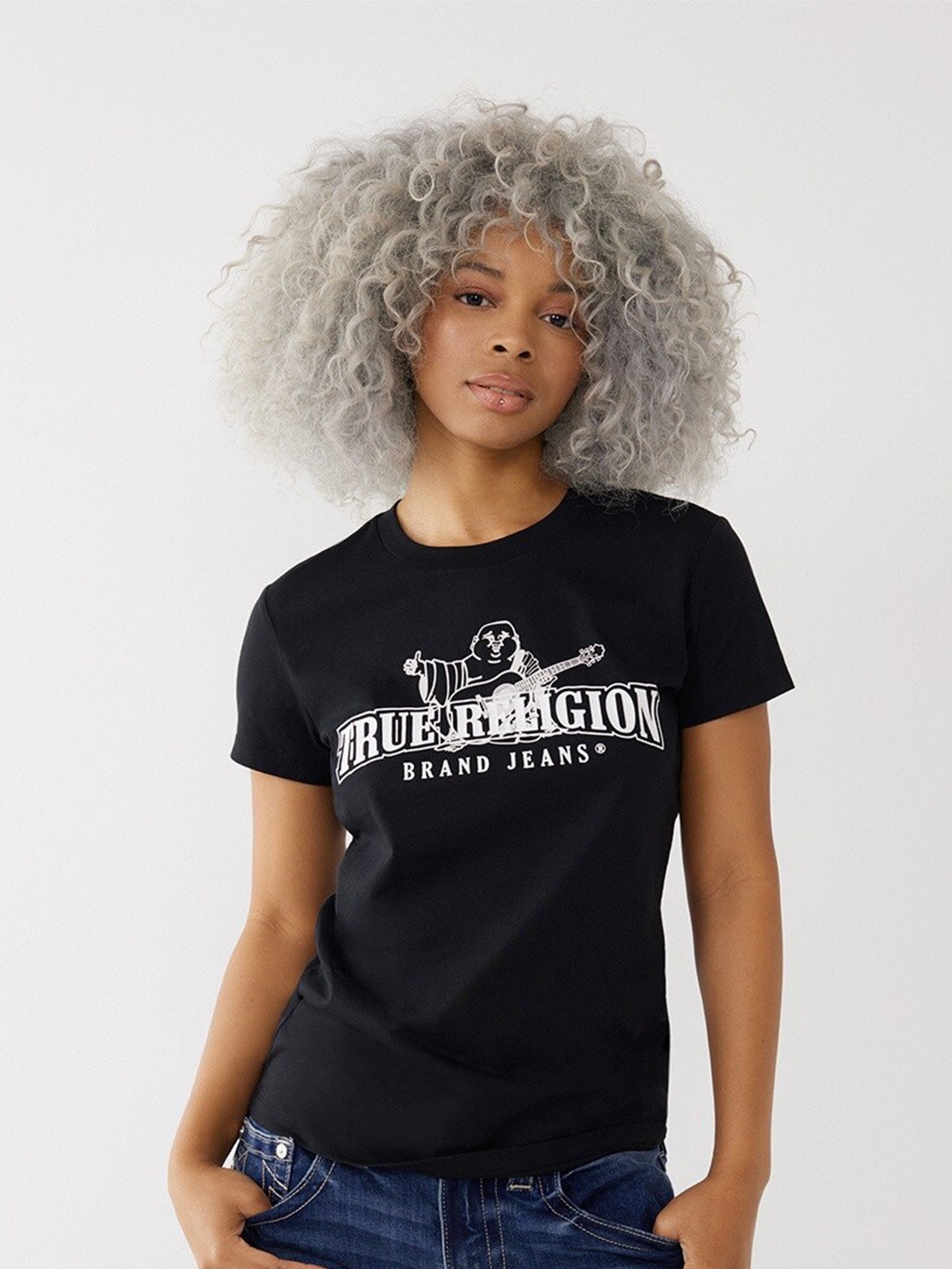 

True Religion Women Black Typography Printed T-shirt