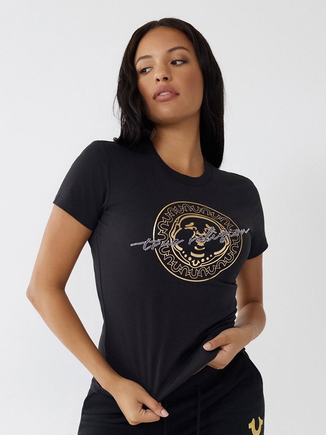 

True Religion Women Black Printed Cotton T-shirt