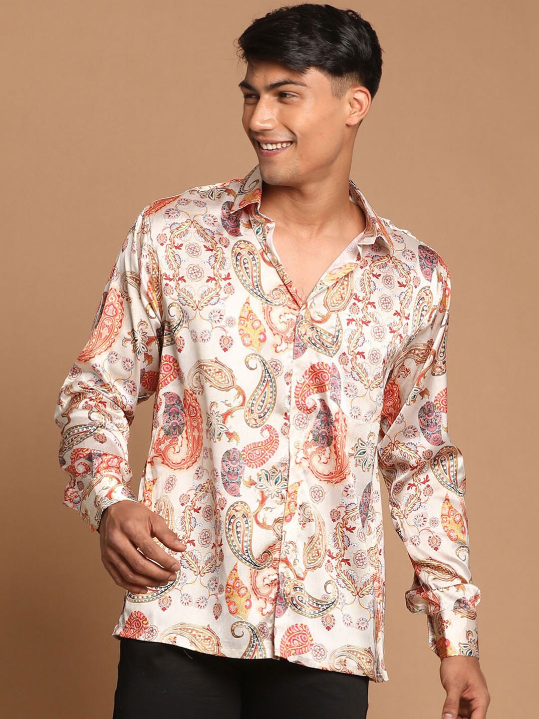 VASTRAMAY Men Beige & Orange Premium Ethnic Printed Casual Shirt
