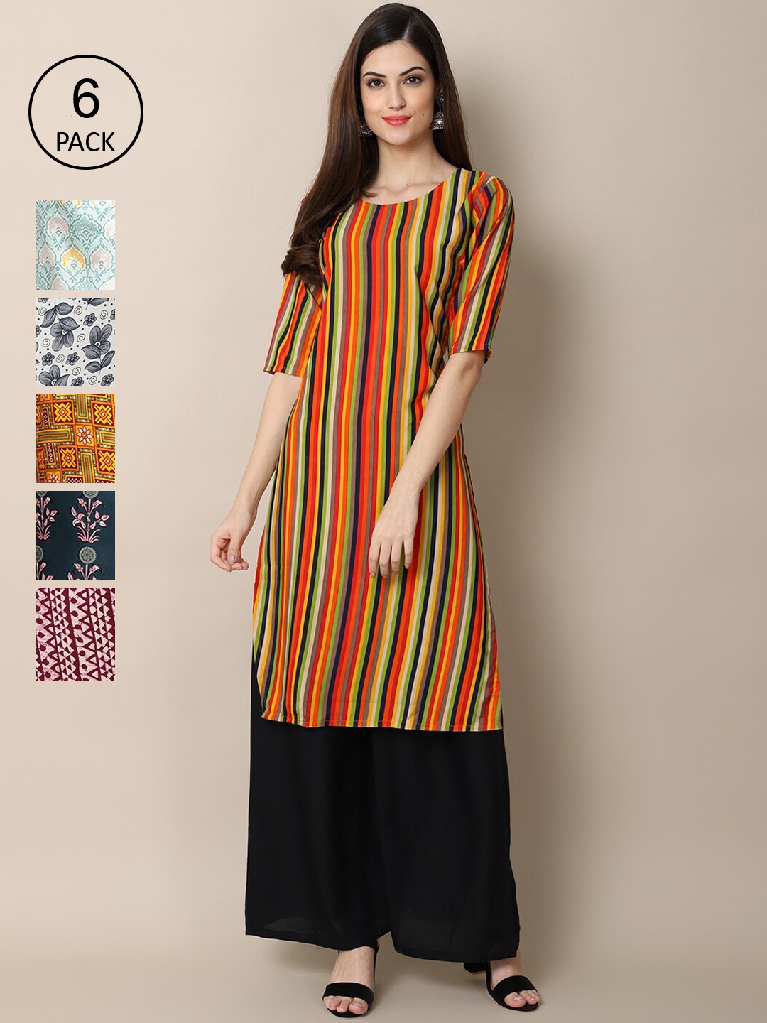 

7Threads Pack of 6 Women Printed Straight Crepe Kurta, Multi