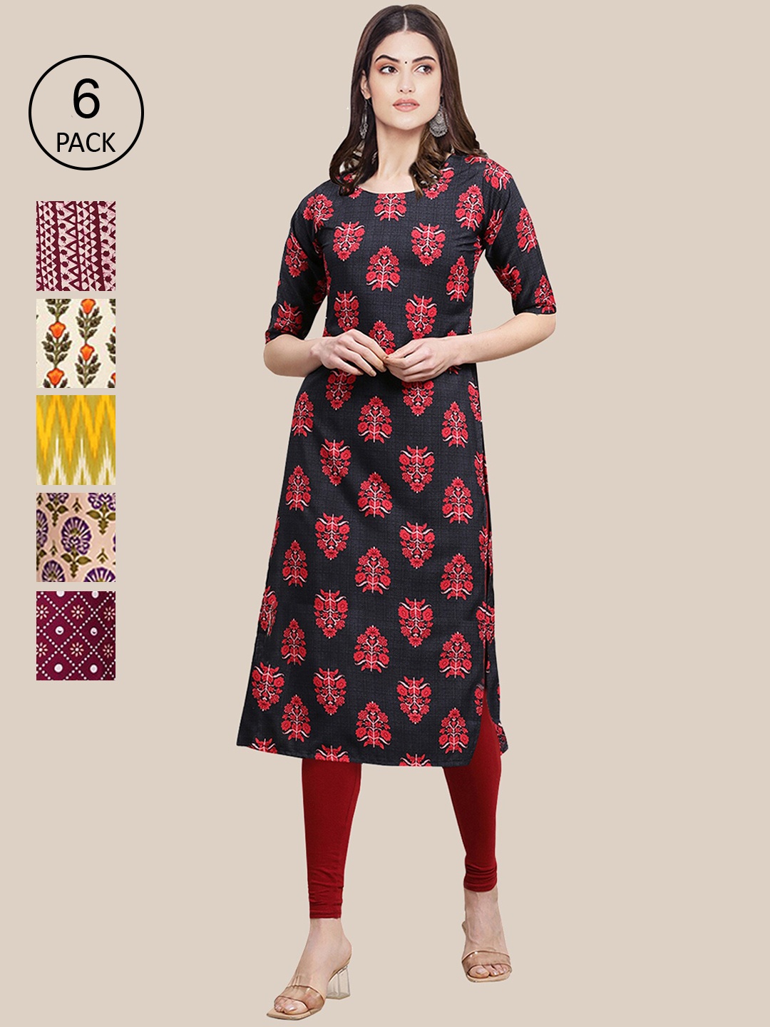 7Threads Set Of 6 Women Navy Blue & Maroon Floral Printed Crepe Kurta