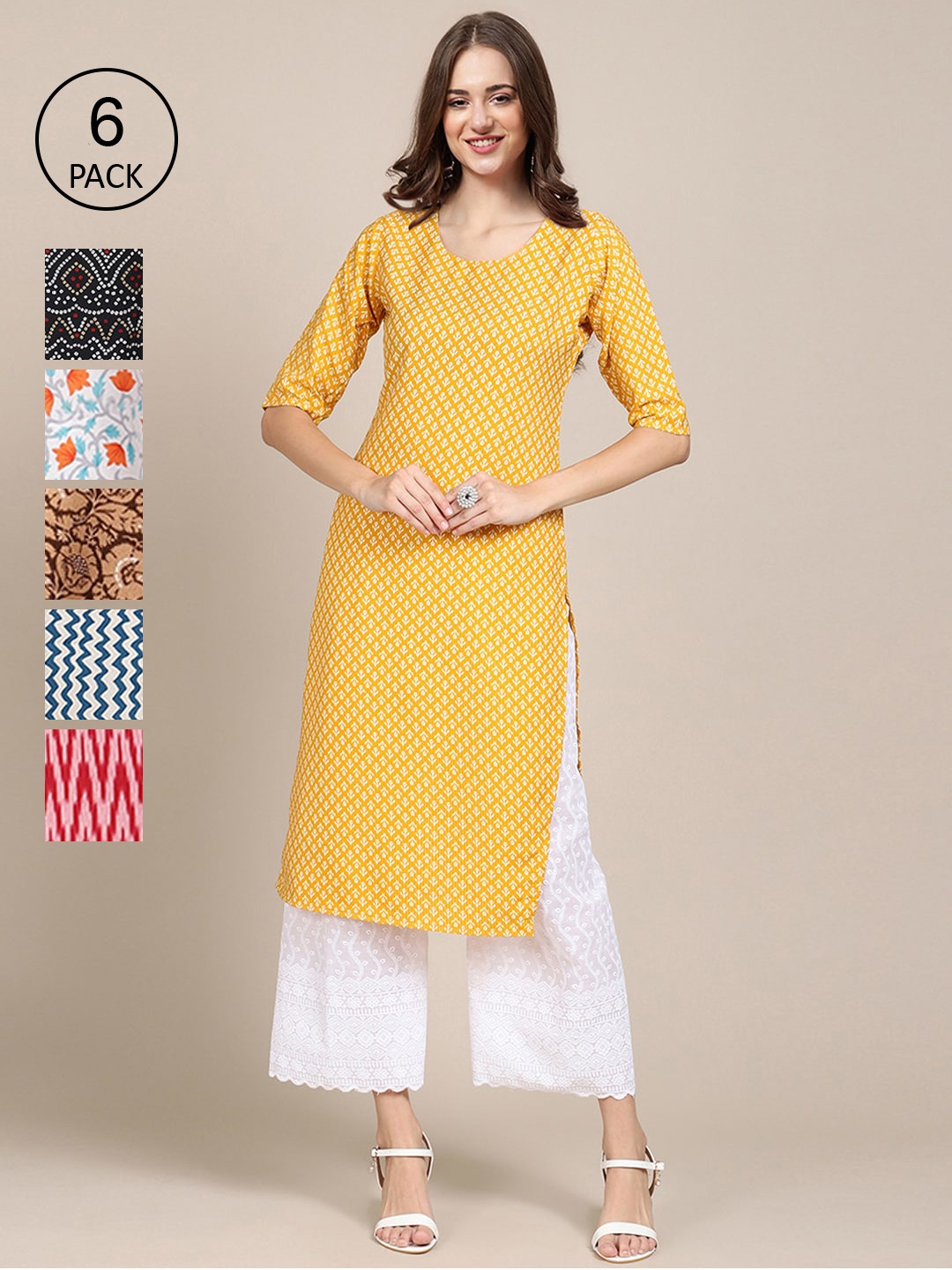

7Threads Women Pack of 6 Ethnic Motifs Printed Crepe Kurta, Multi