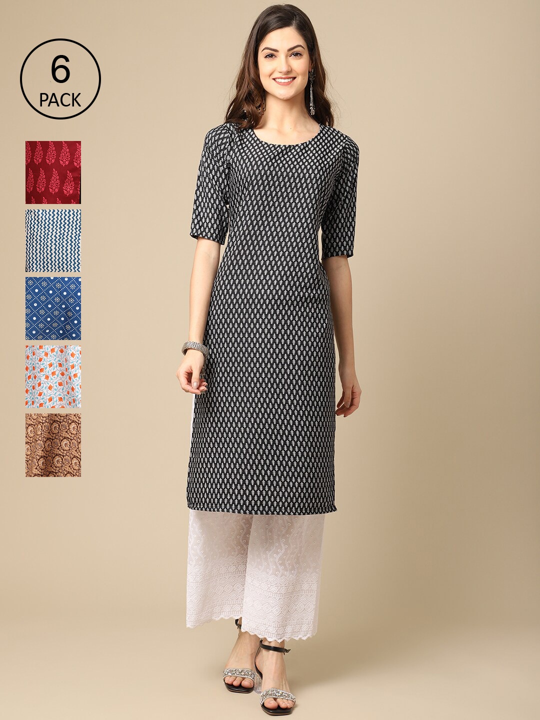 

7Threads Women Pack Of 6 Geometric Printed Block Print Crepe Kurta, Black