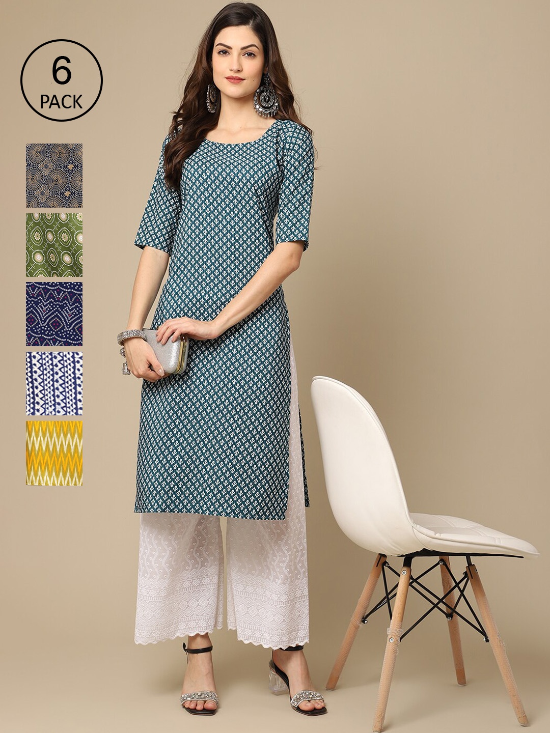 

7Threads Women Pack of 6 Women Printed Straight Crepe Kurta, Multi