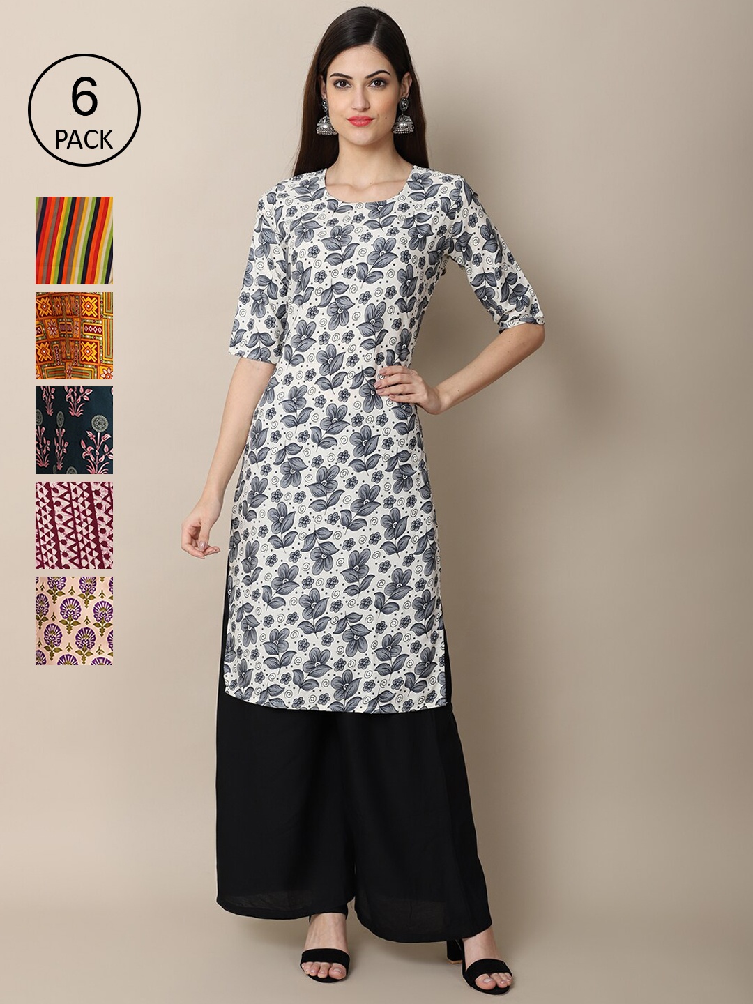 

7Threads Women Pack of 6 Ethnic Motifs Printed Crepe Kurta, White