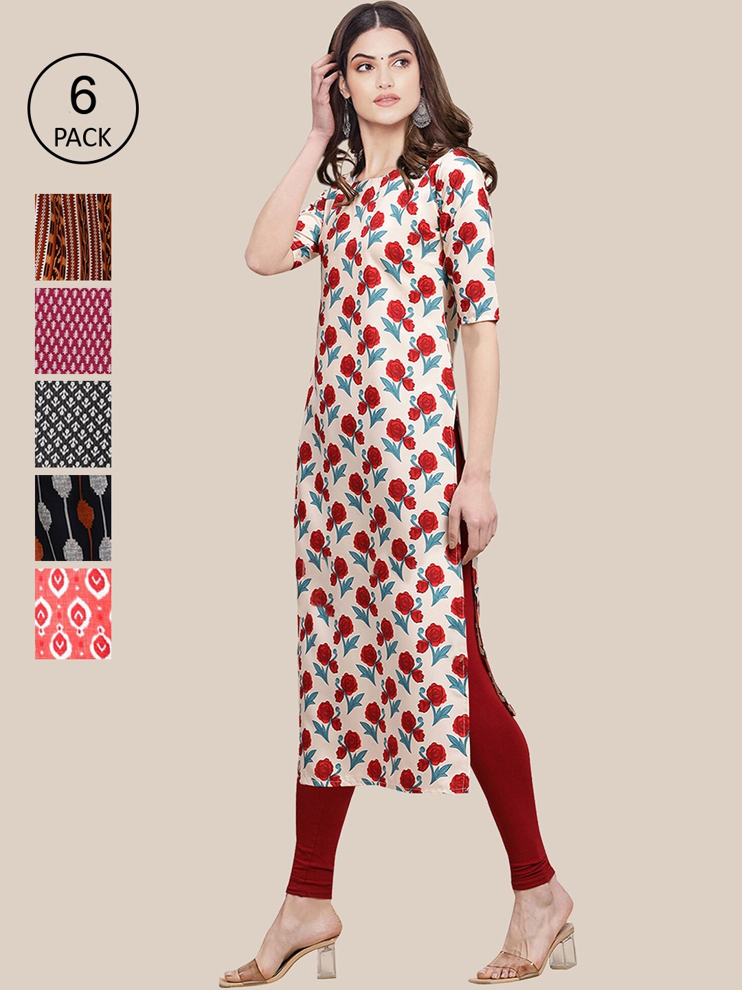 

7Threads Women Pack Of 6 Multicoloured Geometric Printed Crepe Kurta, Multi
