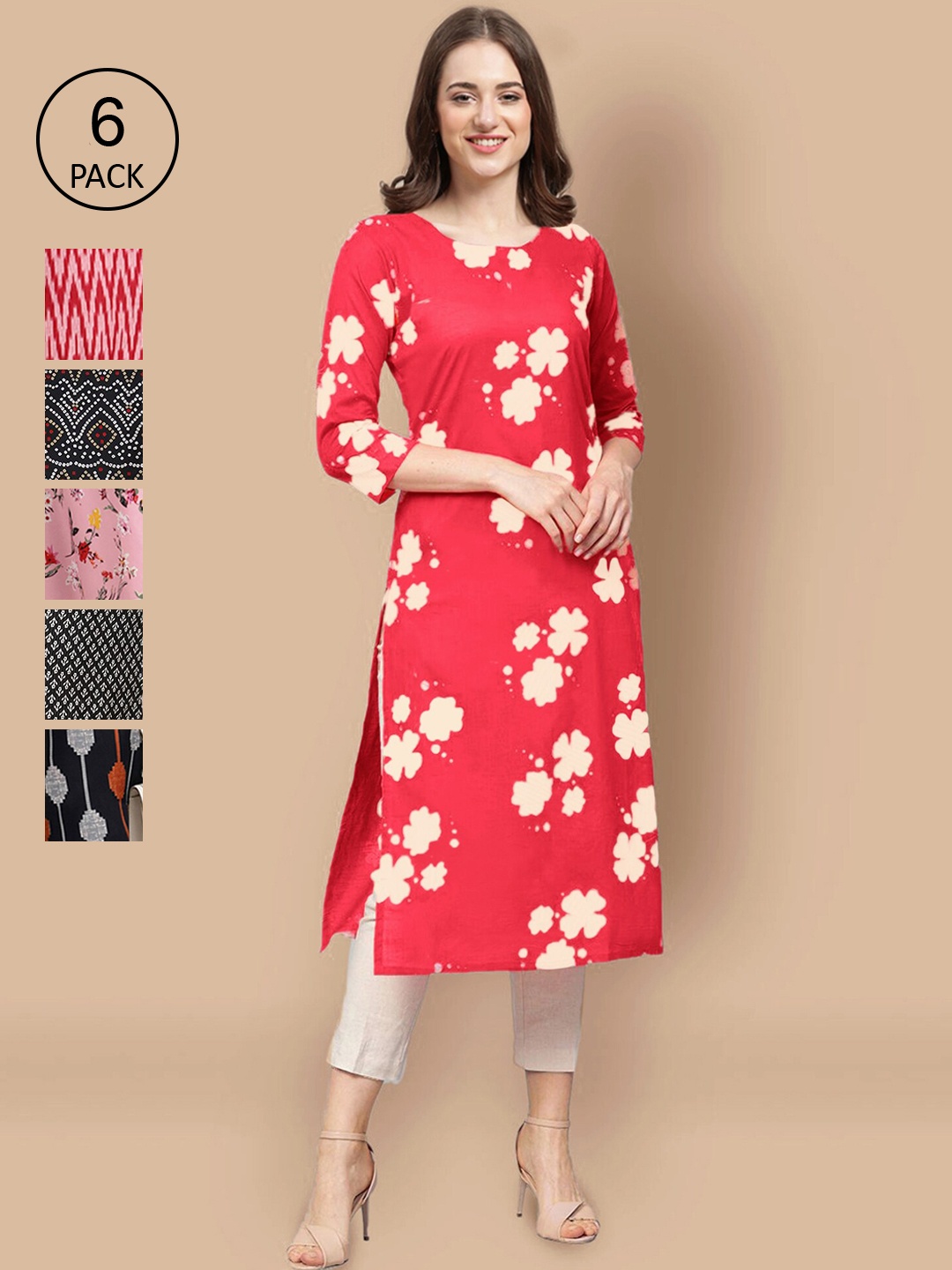 7Threads Women Pack of 6 Floral Printed Crepe Kurta, Red