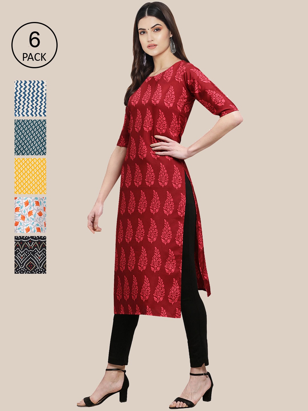

7Threads Women's Crepe Multi Color Digital Printed Straight Kurta [PACK OF 6]