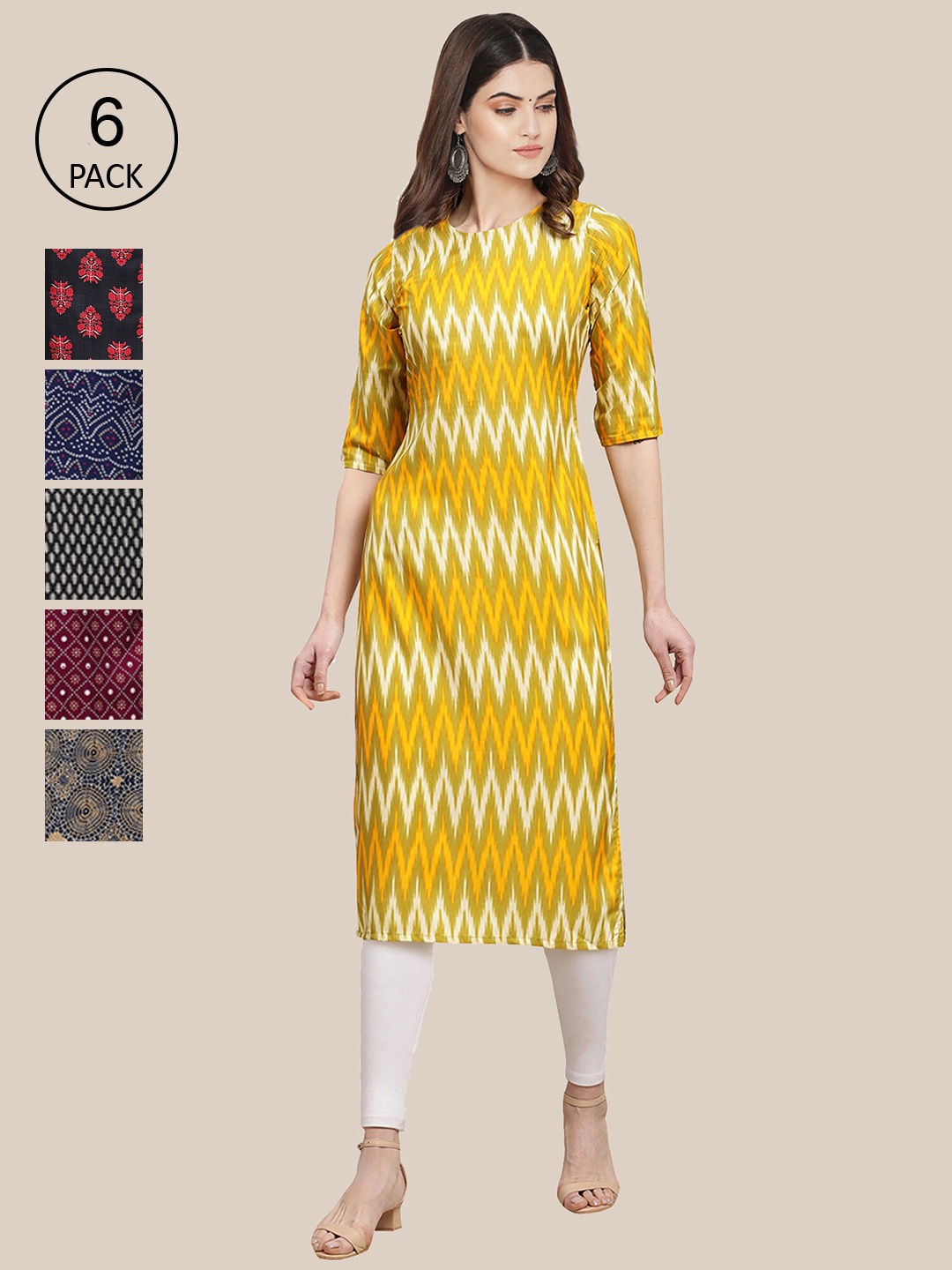 

7Threads Women Pack Of 6 Geometric Printed Block Print Crepe Kurta, Yellow