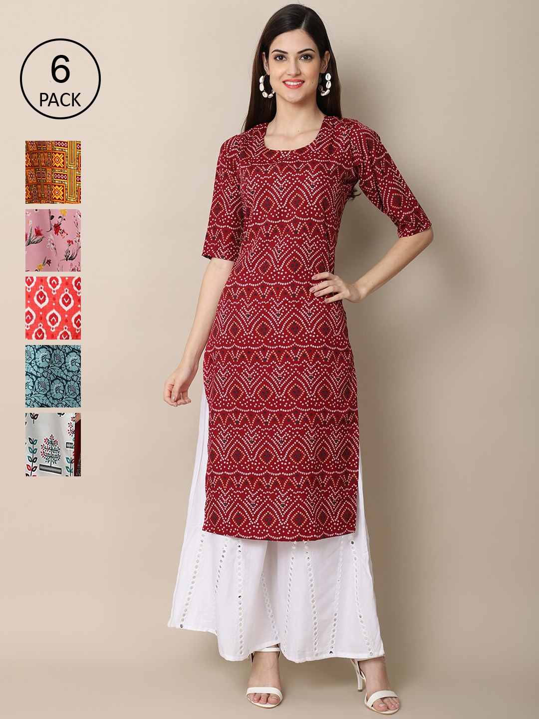 

7Threads Women Pack of 6 Digital Printed Crepe Straight Kurtas, Red