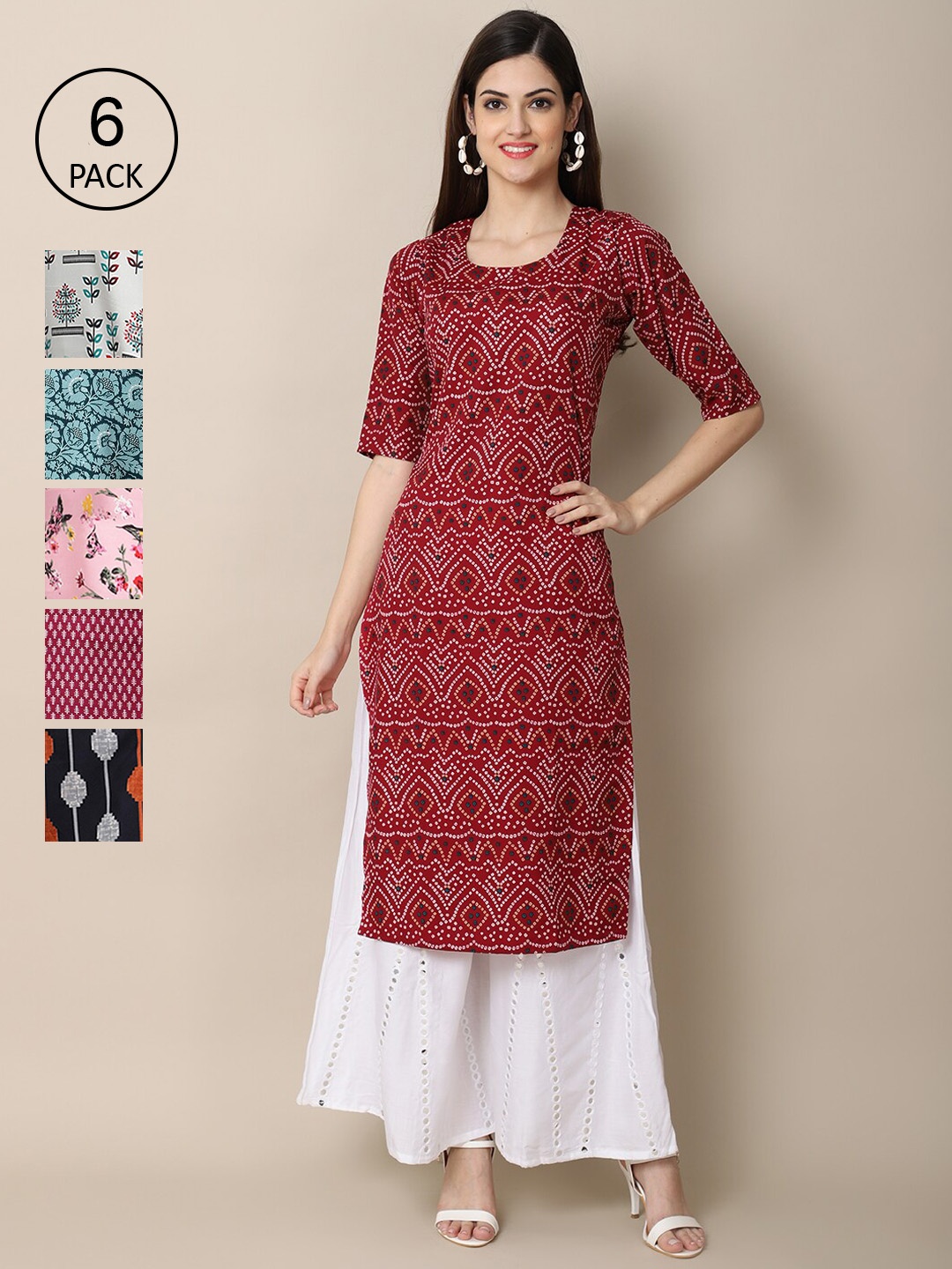 

7Threads Women Pack Of 6 Summer Sheers Crepe Kurta, Maroon