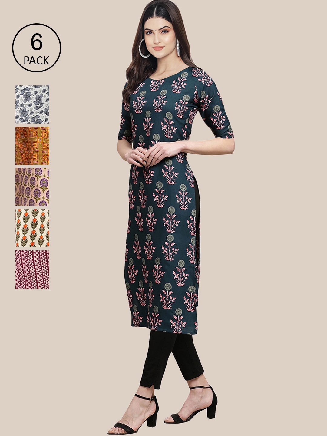 7Threads Women Pack of 6 Geometric Printed Crepe Kurta, Multi