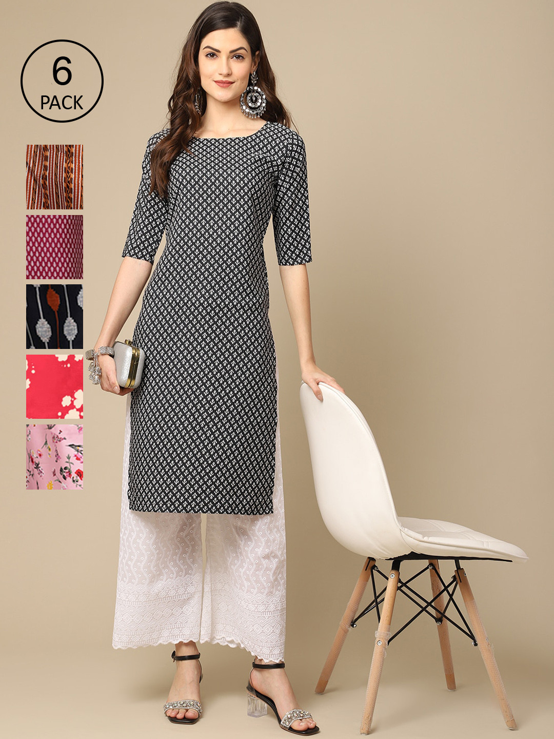 

7Threads Women Pack of 6 Printed Summer Sheers Crepe Kurta, Grey