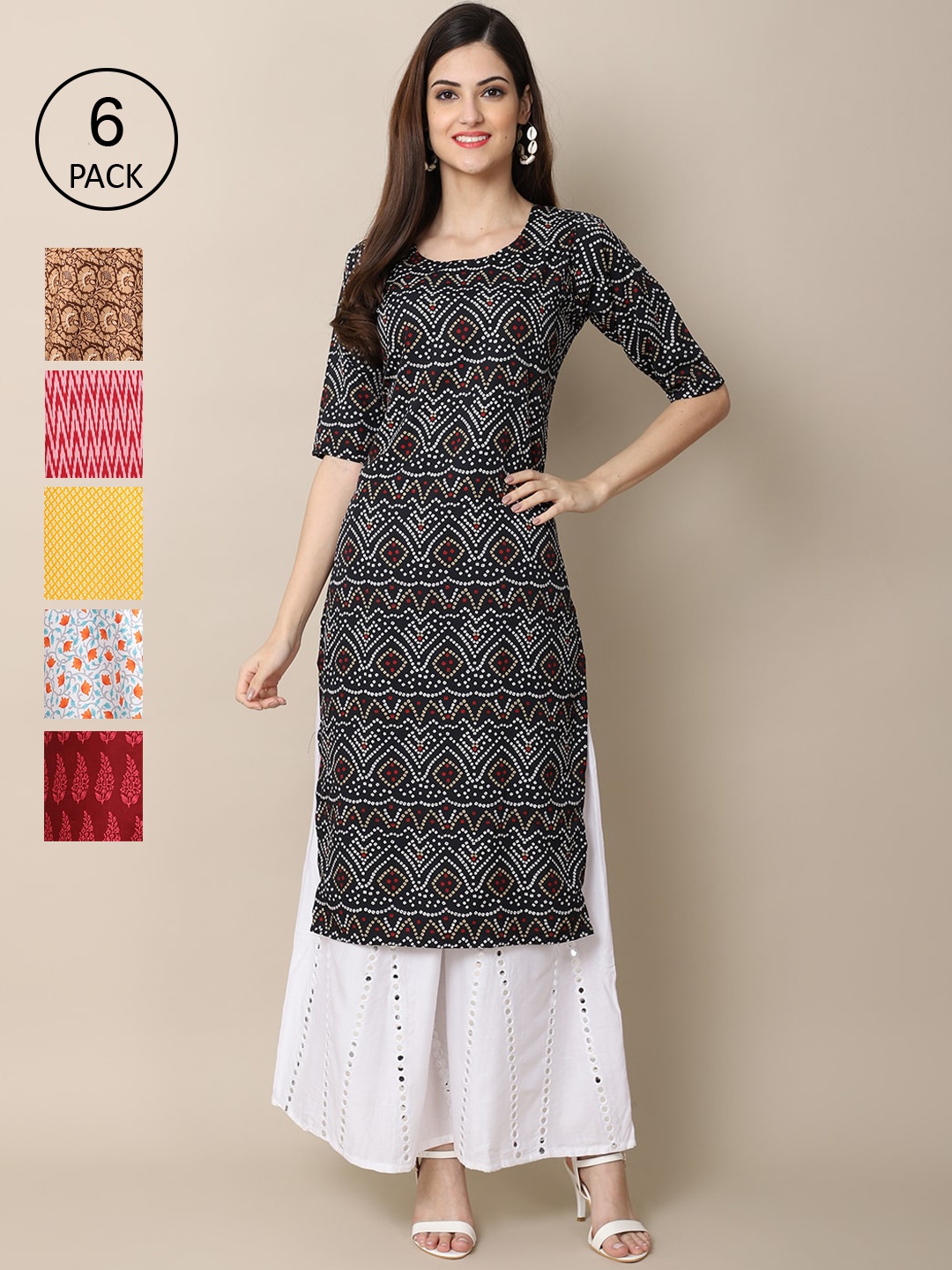 7Threads Pack of 6 Women Black & Beige Printed Summer Sheers Crepe Kurta