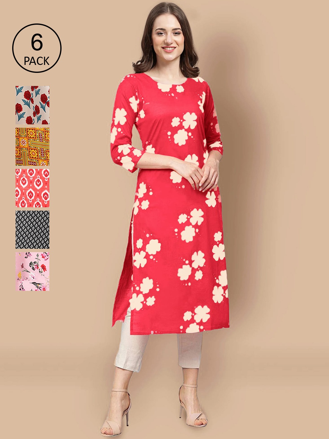 

7Threads Women Pink & Orange Pack Of 6 Geometric Printed Summer Sheers Crepe Kurta
