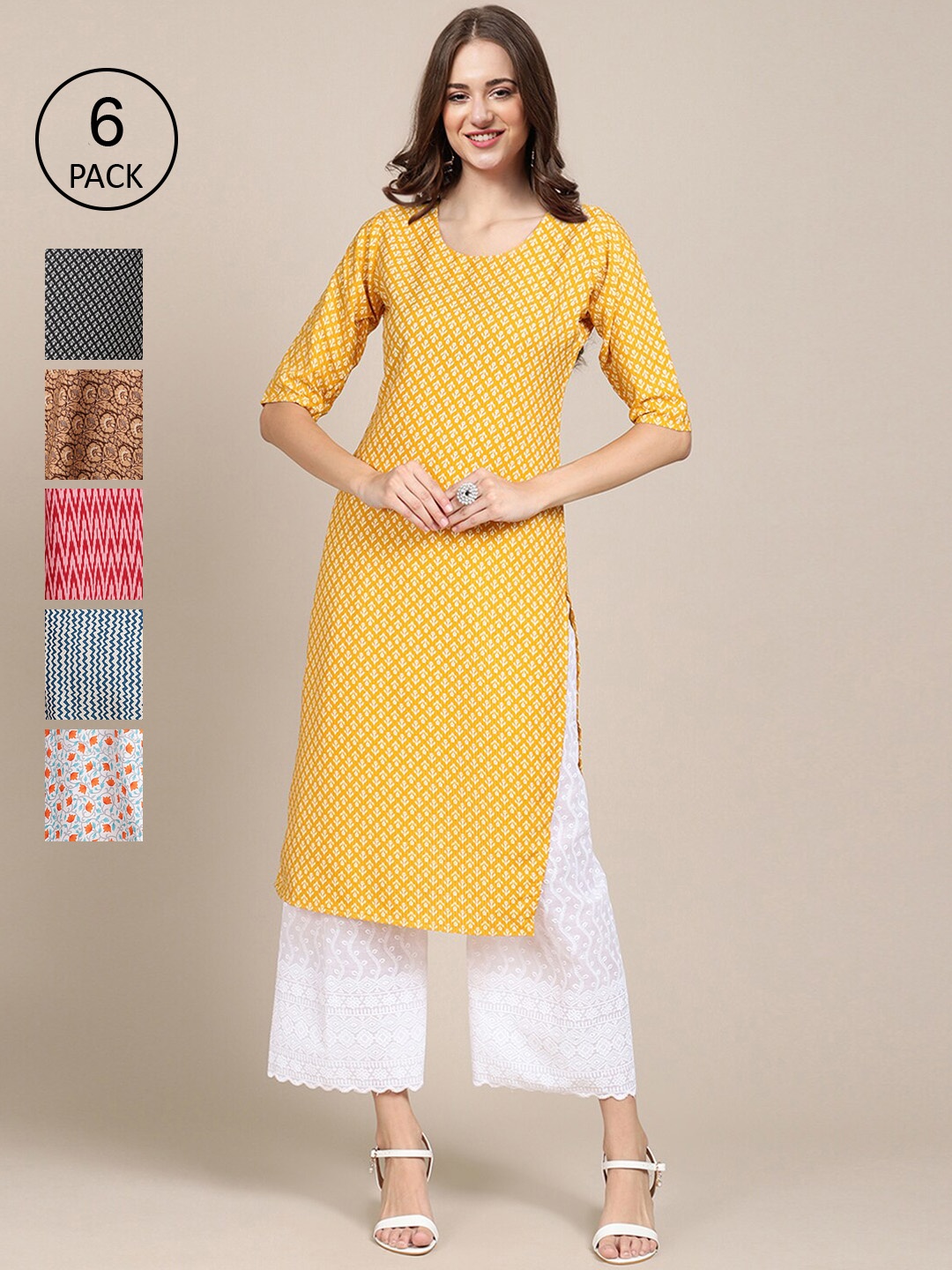 

7Threads Women Pack Of 6 Summer Sheers Crepe Kurta, Yellow