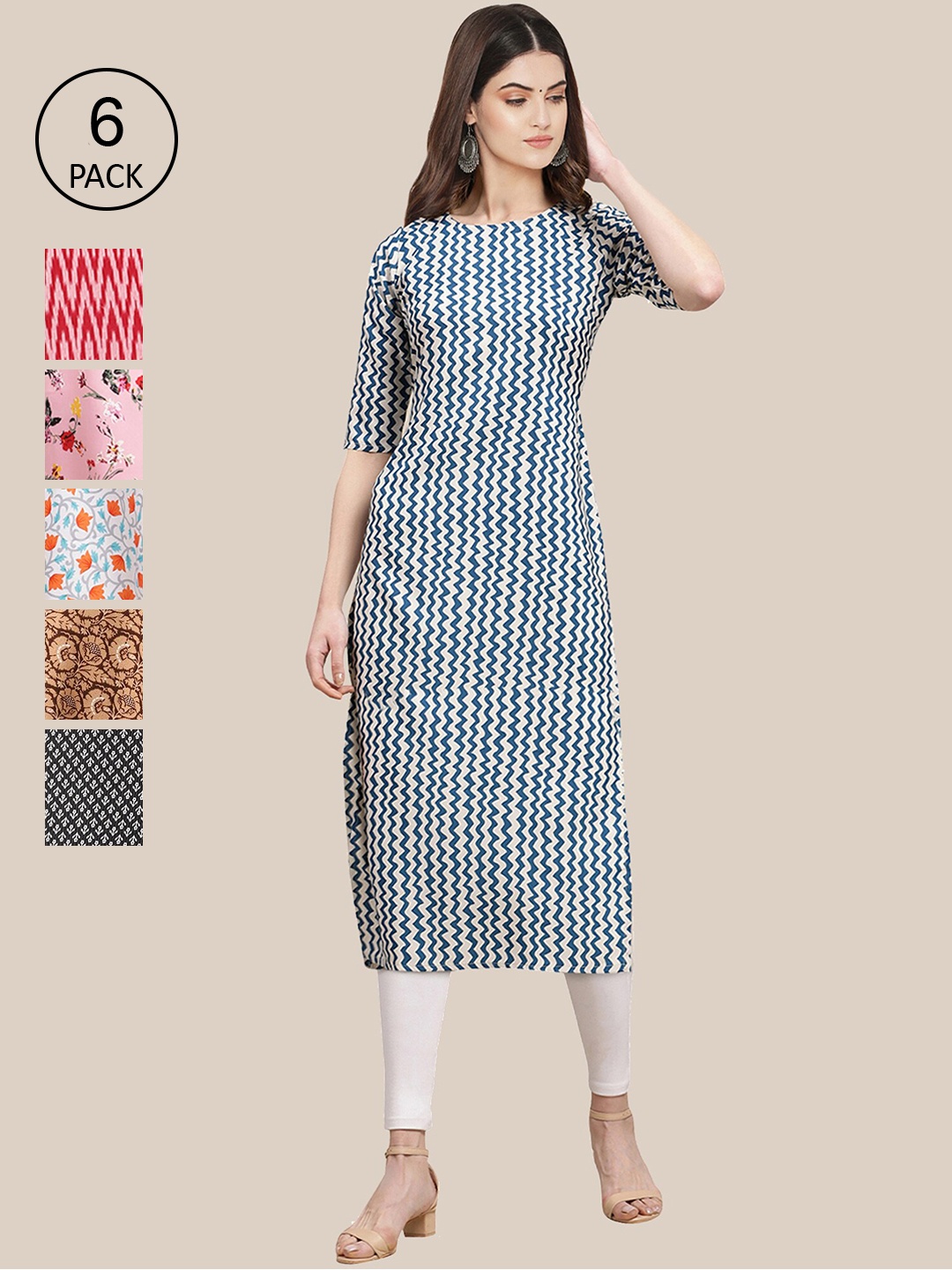 

7Threads Women Pack of 6 Ethnic Motifs Printed Crepe Kurta, Pink
