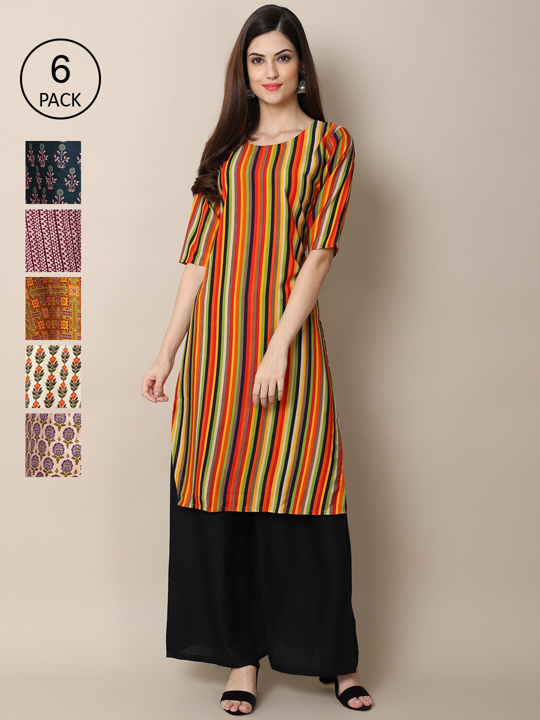 7Threads Women Pack Of 6 Printed Crepe Kurta, Multi