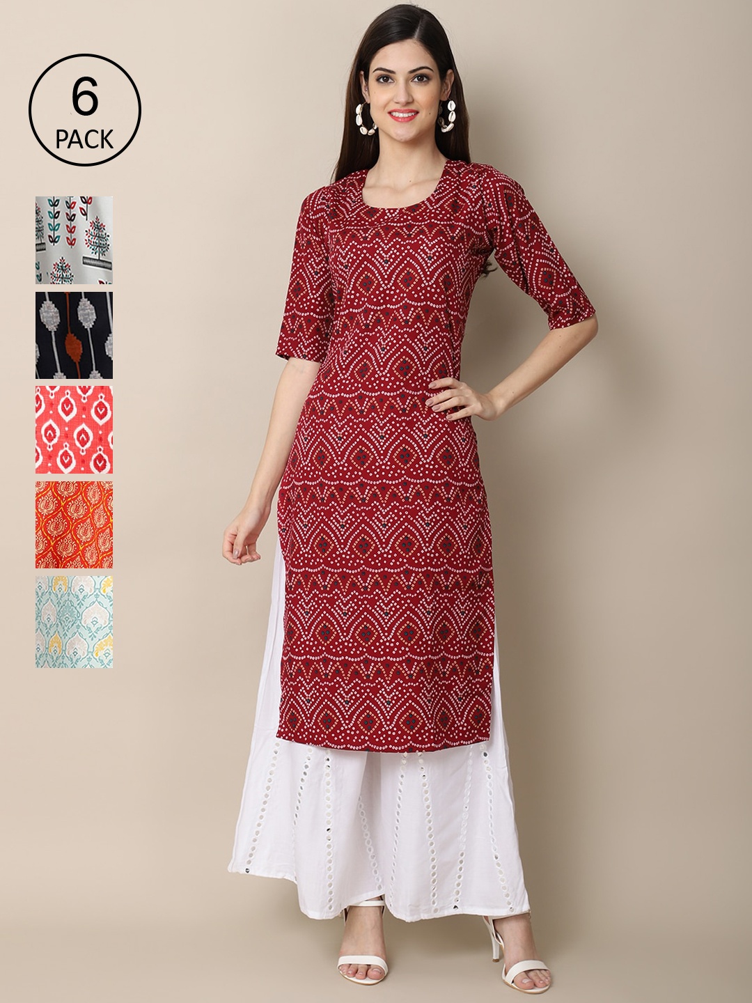 

7Threads Women Pack Of 6 Printed Crepe Straight Kurta, Red