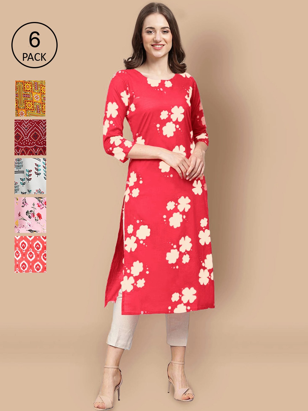 

7Threads Women Pack of 6 Digital Printed Crepe Straight Kurtas, Lime green